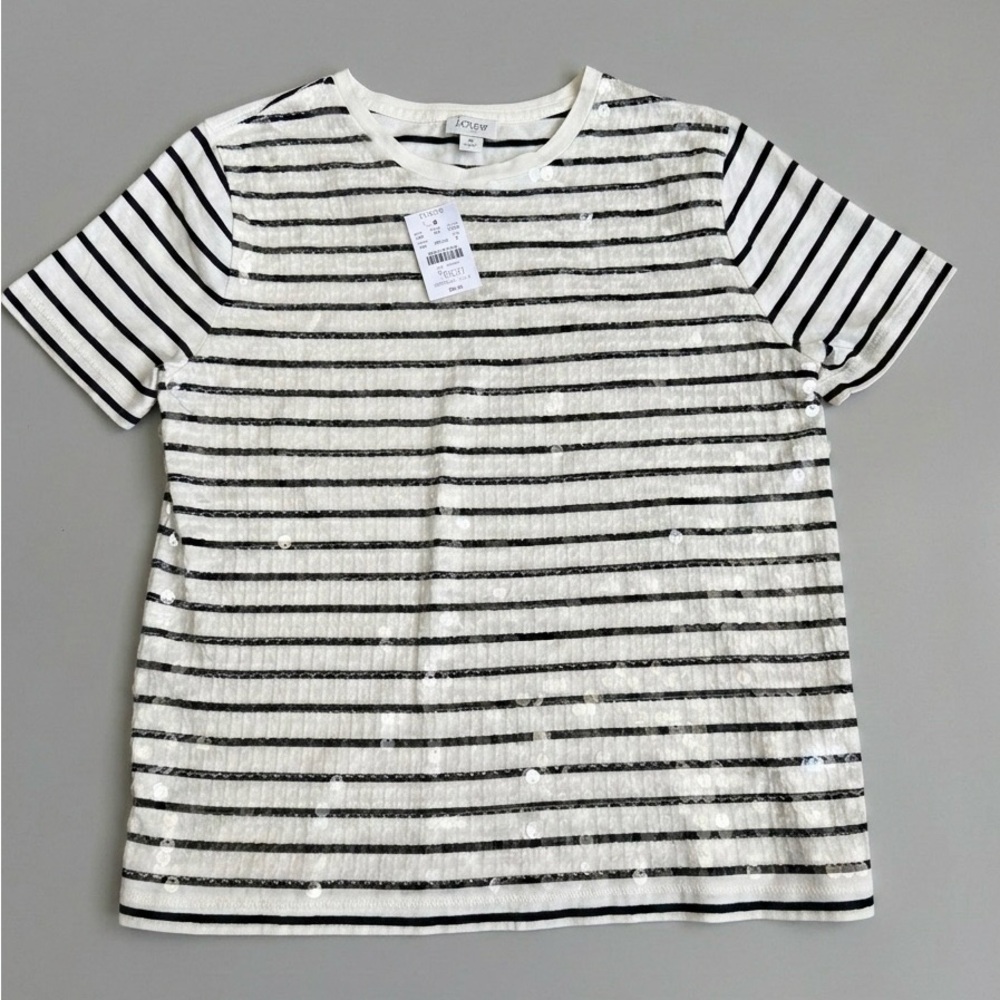 NWT J. Crew Sequin Striped T-Shirt Size S Ivory Navy Nautical Short Sleeve Summe